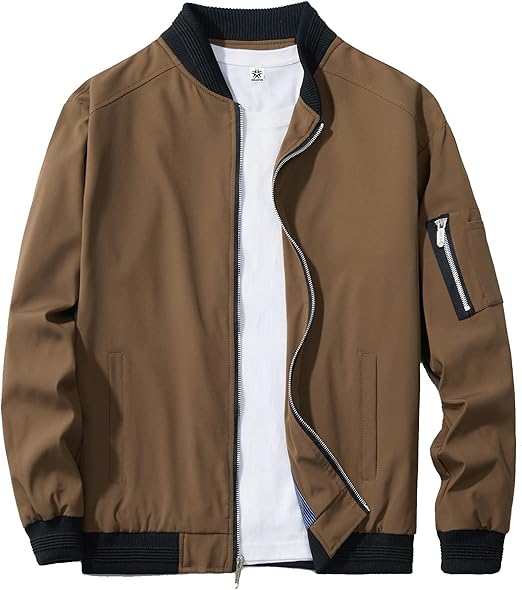 Men's Fashion Bomber Jacket Casual Full Zip Up Spring Fall Windbreaker Outdoor Stand Collar Golf Windproof Coat